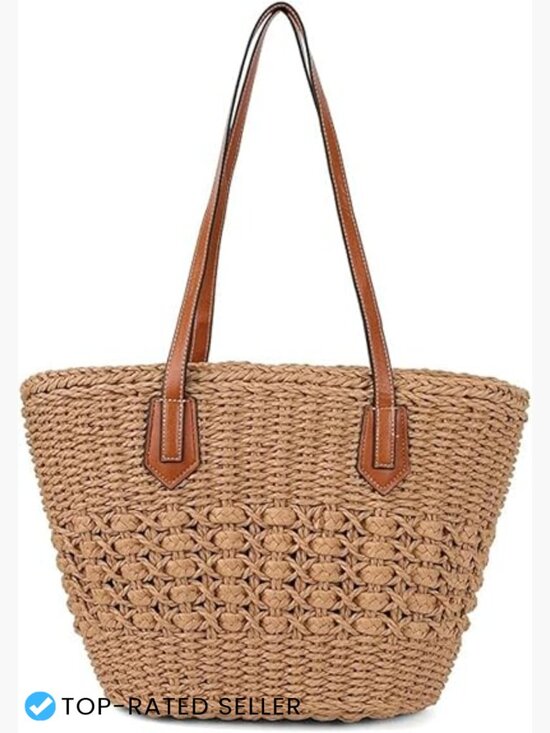 Handbags - Handmade Straw Tote Bag Large Woven Summer Purse Bohemian Shoulder Bag Zipper